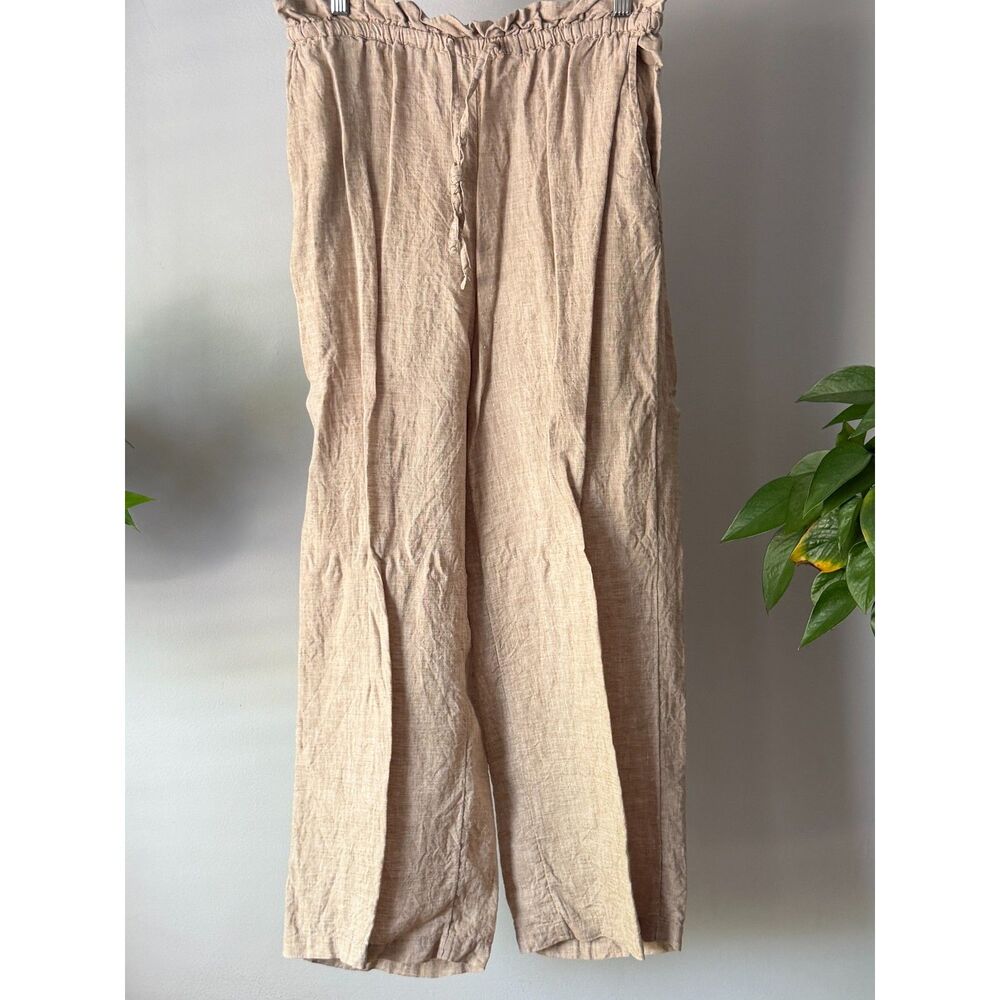 Haven 100% Linen Wide Leg Pants Beige/Tan Elastic Ruffled Waist Drawstring Sz. M